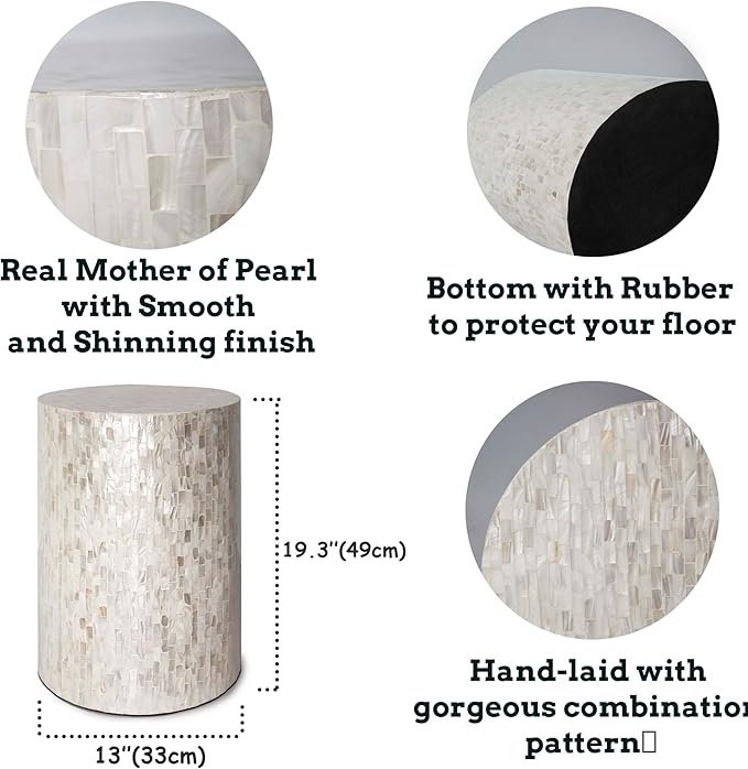 PEMAR Mother of Pearl Cylinder Drum End Table Nacre Side Stool Round Accent Table Coffee Bedside Nightstand and Vanity Stool 13" Diameter x 19.3" High Pearl White & Cream