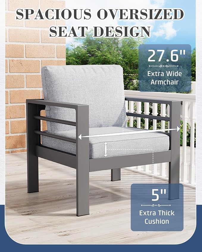 AECOJOY Aluminum Patio Furniture Set, 9 Seats Modern Outdoor Furniture with Coffee Table, 7 Pieces Metal Conversation Sectional Sofa, Light Gray