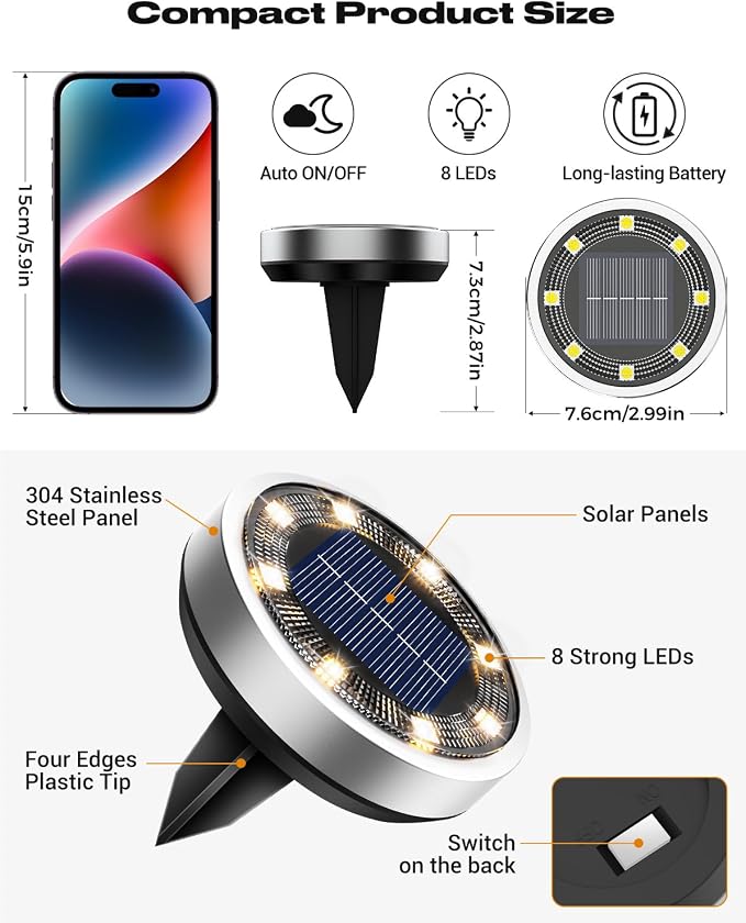 btfarm 30 Pack Solar Lights Outdoor, 8 LED Solar Ground Lights IP65 Waterproof Flat Solar Disc Light, Pathway Lights for Garden Lawn Patio Yard Path Landscape, Warm White
