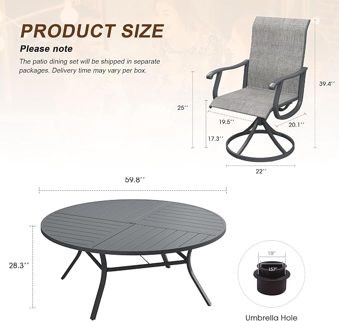 VICLLAX Patio 9 Pieces Outdoor Dining Set, 60" Round Metal Table with Umbrella Hole and 8 Swivel Textilene Chairs for Lawn, Garden, Porch, Dark Grey/Grey