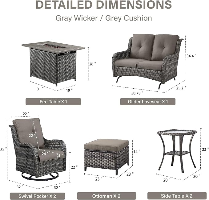 Belord Patio Furniture Set with Fire Pit Table,8 Piece Wicker Outdoor Furniture Set, Swivel Rocker Chairs with Ottomans and Loveseat, All Weather Patio Conversation Set, for Pool,Yard Gray Wicker/Gray