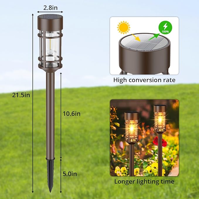 ILANCK Solar Pathway Lights Outdoor Solar Lights 8 Pack Metal & Glass Design - Waterproof Auto On/Off Bright Long-Lasting Garden Landscape Lighting Walkway Driveway