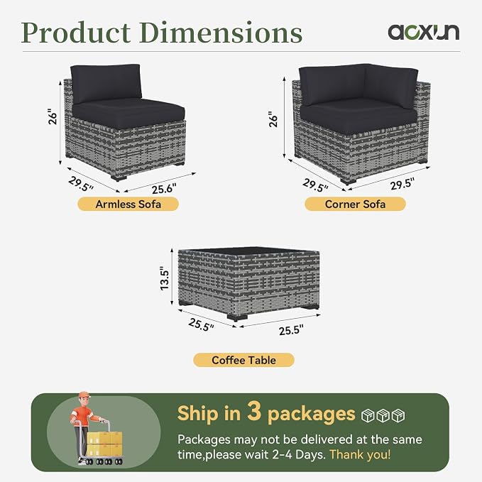 Aoxun 10 Piece Patio Furniture Set Wicker Rattan Patio Conversation Set Outdoor Sectional Sofa Set with Coffee Table and Thickened Cushions, Gray/Black