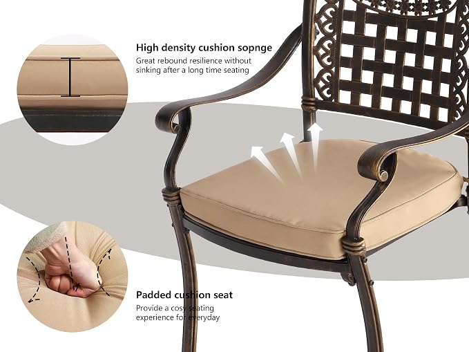 Grepatio 5 Piece Cast Aluminum Patio Dining Set Outdoor Furniture Set Patio Garden Set with 4 Mesh Ding Chairs, 4 Khaki Cushions and 35.4" Square Patio Table 2.4" Umbrella Hole, Antique Bronze