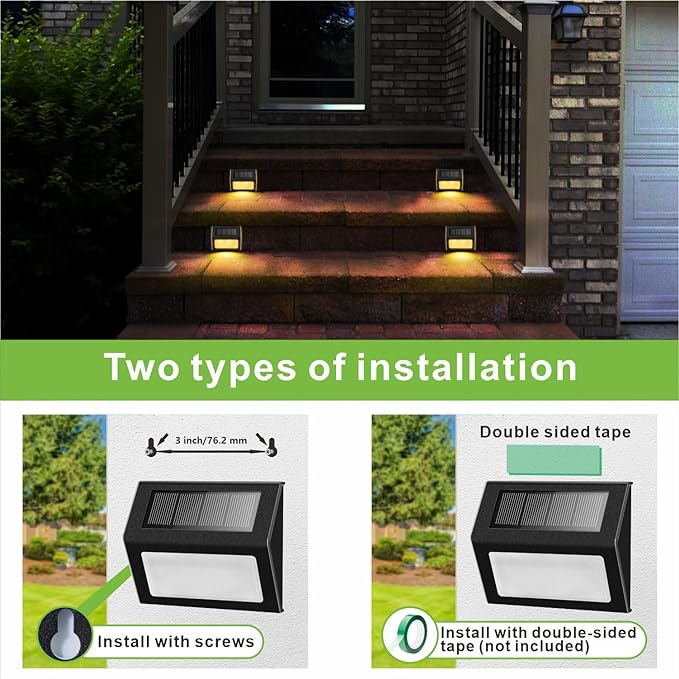 Warm White Solar Lights for Deck Step Fence, Black SST Housing, 6 Pack | Soft warm non-glare LED lamp, sturdy stainless steel casing with black coating, for deck, step, fence, pathway, Rainproof