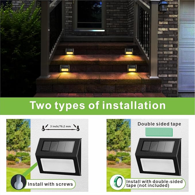 Solar Lights for Steps Decks Pathway Yard Stairs Fences, LED lamp, Rainproof, Black Metal Housing, 2 Pack(Warm Light) | Soft warm non-glare LED lamp, sturdy stainless steel casing with black coating, for deck, step, fence, pathway, Rainproof