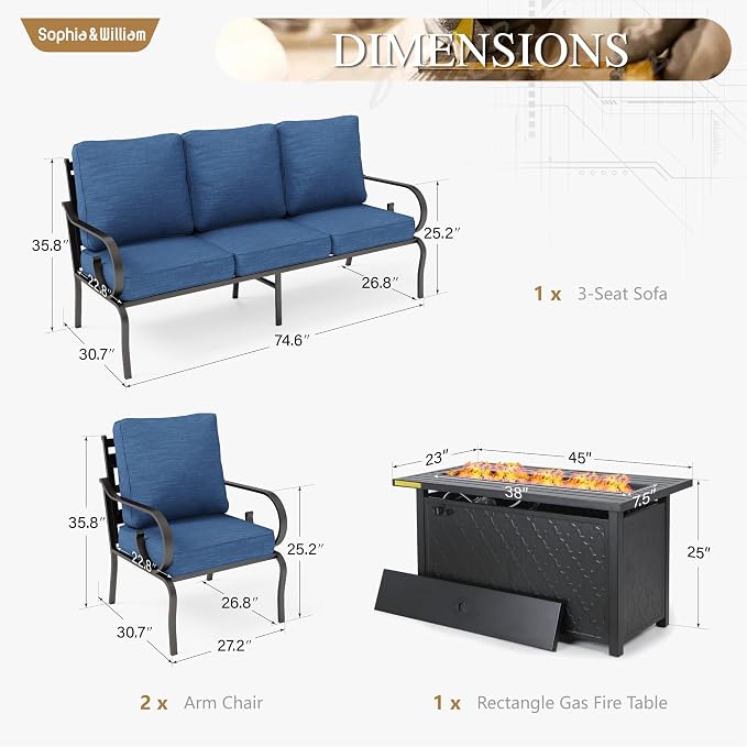Sophia & William Patio Conversation Set for 5, 3-Seater Sofa, 2 Fixed Chairs and a 45" Fire Pit Table, Metal Outdoor Furniture with 5.75" Extra Thick Cushions, Navy