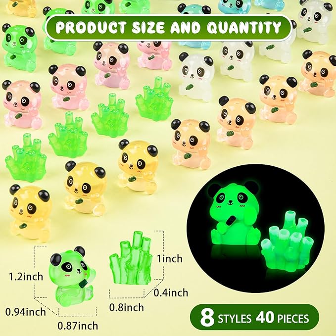 18PCS Luminous Mini Resin Panda Figurines with 2 Bamboos for Dollhouse | Cute Panda Figurines Miniature, Glow in The Dark Mini Panda Bamboo Bulk, Cake Topper, Micro Landscape, Garden DIY