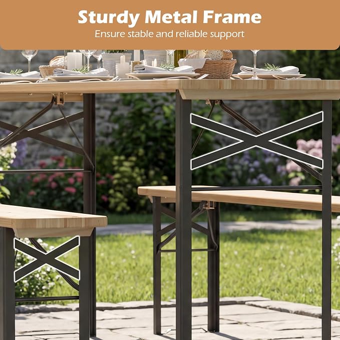 Byroce Folding Picnic Table Set with Benches, 70” Fir Wood Beer Table Set, Outdoor Dining Table with Heavy-Duty Metal Frame, Foldable Picnic Table for Patio, Garden, Backyard, BBQ & Parties (70")