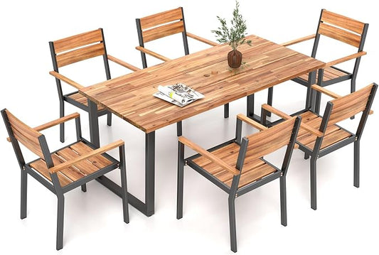 HAPPYGRILL 7 Pieces Acacia Wood Patio Dining Set with Metal Frame, Space-Saving Outdoor Furniture Set with 6 Stackable Armchairs and 63” Rectangular Table with 2” Umbrella Hole for Garden, Deck, Yard