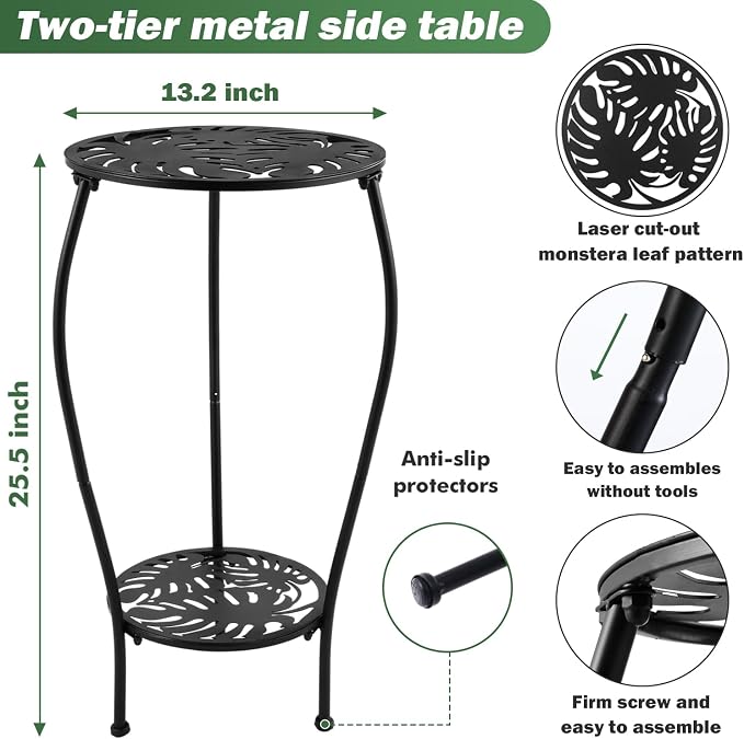Party Zealot Two-Tiered 13 Inch Metal Round Side Tables Small Black Outside End Table for Patio Round Accent Garden Corner Stand for Small Spaces Weather-Resistant Outdoor Coffee Table for Balcony