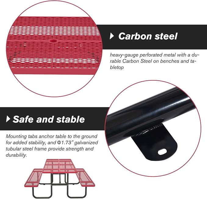 Picnic Tables for Outdoors with Umbrella Hole-Coated Steel Heavy Duty Commercial Grade Table with Seats,Commercial Metal Picnic Tables,Heavy Rectangular Furniture Set for a Lifetime (red)