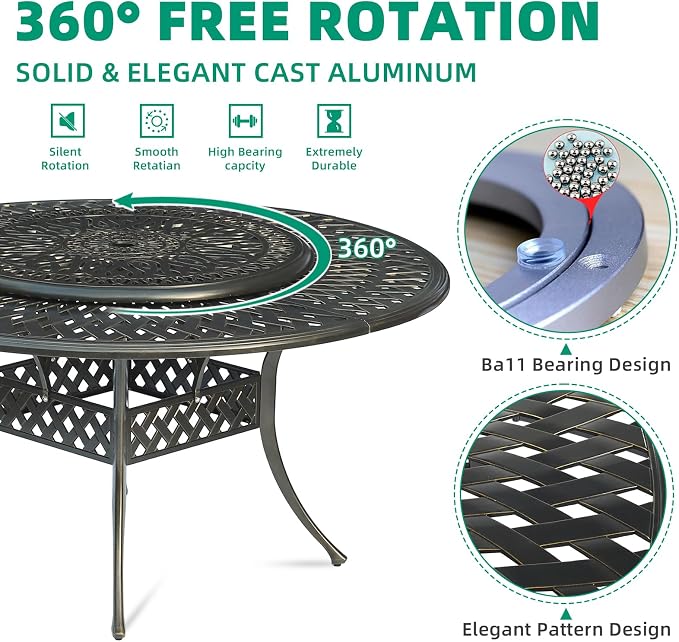 VIVIJASON Outdoor 61" Patio Dining Table for 6-8 Person, Large Patio Round Dining Table with 35.4" Lazy Susan, Dark Bronze Cast Aluminum Rustic Patio Table W/Umbrella Hole for Balcony, Porch and Deck