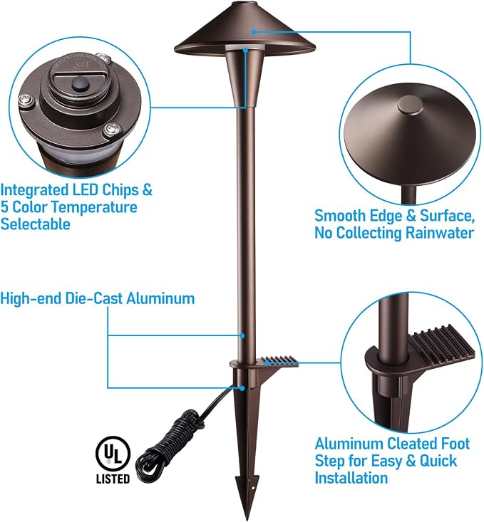 LEONLITE 6-Pack 5CCT Low Voltage LED Pathway Lights, Flat Cone Head | 12-24V AC/DC, IP65, Landscape Path Lights, for Walkway Yard Garden, 1800/2700/3000/4000/5000K, Oil Rubbed Bronze, Aluminum