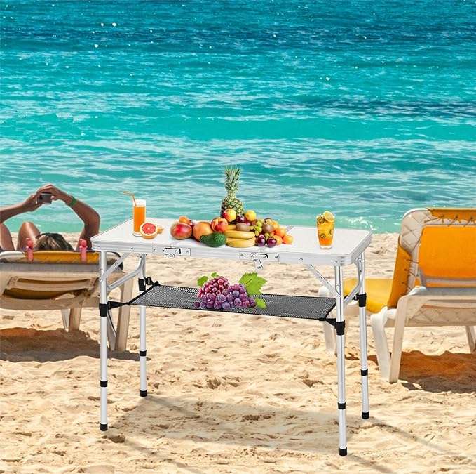 YihuiKo 3ft Aluminum Folding Picnic Table - Lightweight & Portable Outdoor Table with Adjustable Height, Storage Net for Camping, Backyard, RV Trips