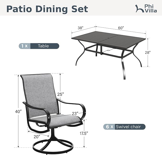 PHI VILLA Outdoor Dining Set for 6, Swivel Mesh Chairs & Metal Table, Grey | 60'' metal rectangular table with umbrella hole and 6 breathable textilene patio chairs, designed for deck, backyard, garden
