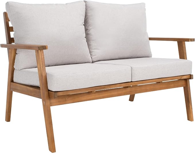 SAFAVIEH PAT7305E-2BX Collection Castalia Acacia Wood Cushion 4-Piece Conversation Patio Outdoor Living Set, Natural/Light Grey