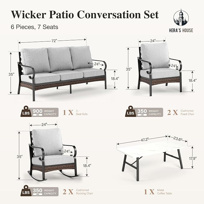 HERA'S HOUSE 6 Piece Metal Patio Furniture Set, All Weather Outdoor Conversation Set with 3-Seat Sofa, 2 Rocking Chairs, 2 Fixed Chairs & Coffee Table, 7 Seats for Backyard, Garden, Deck, Light Grey