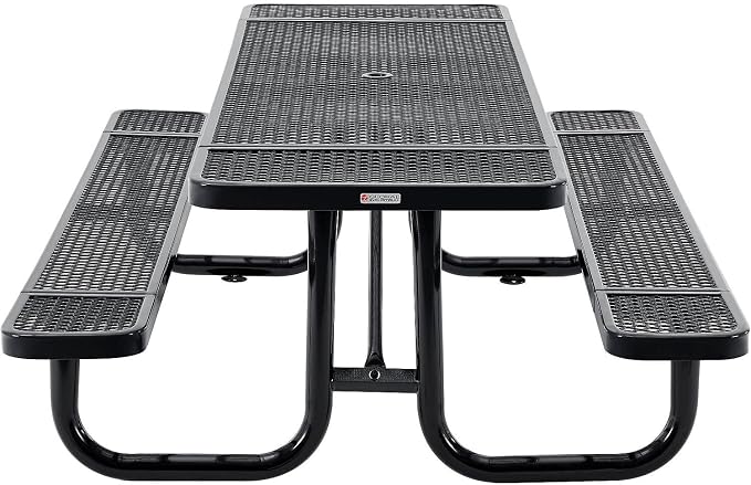 Global Industrial 8’L Rectangular Picnic Table, Expanded Metal, Black Thermoplastic Coating, Attached Benches, 1-1/2” Umbrella Pole Hole, Outdoor-Rated, 1000 lb Capacity, 96” x 30” Tabletop