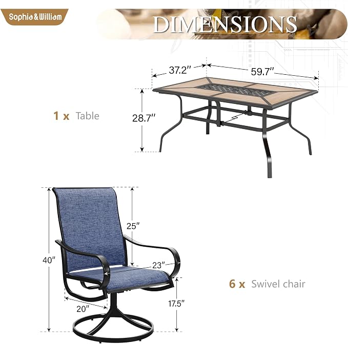 Sophia & William Patio Dining Sets Outdoor Dining Set for 6 Patio Table and Chairs Set 7 Pieces with Swivel Patio Chairs, 61"x 38" Wood Like Metal Table for Garden Pool All Weather Blue