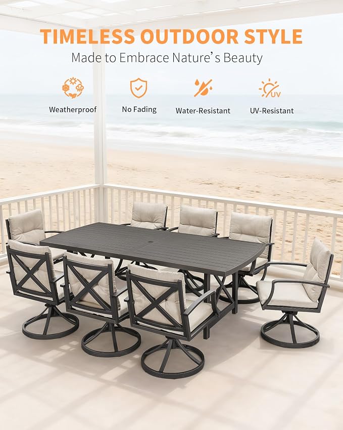 9 Pieces Patio Dining Set for 8, Never Rusts Aluminum Outdoor Swivel Dining Set, Outdoor Dining Set with Cushions, Patio Table and Chairs Furniture Sets for Deck, Garden, Yard, Gunmetal