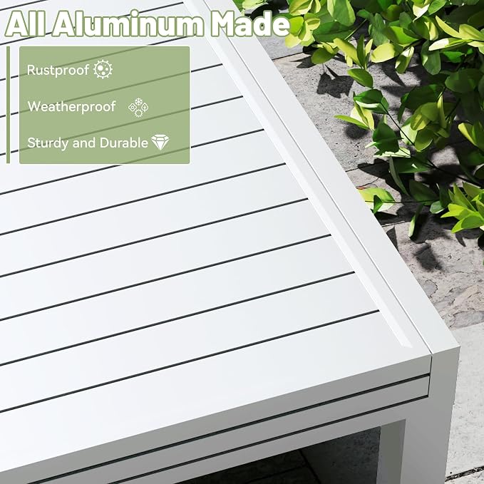 All Aluminum Expandable Patio Dining Table for 4-6 People, Extendable Outdoor Dining Room Table, All Weather Patio Furniture, Rectangular Metal Table with Adjustable Width 35"- 71", Ivory White