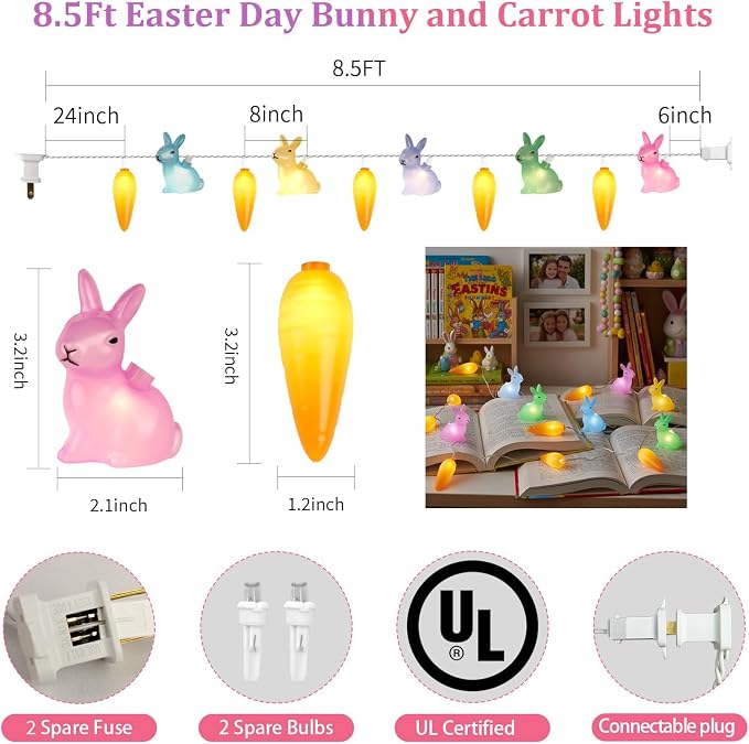 8.5Ft Easter Rabbit String Lights, 10L Plug in Pastel Easter Bunny Carrot Lights Connectable for Outdoor/Indoor Holiday Home Kits Classroom Bedroom Windows Tree Garden Spring Decoration