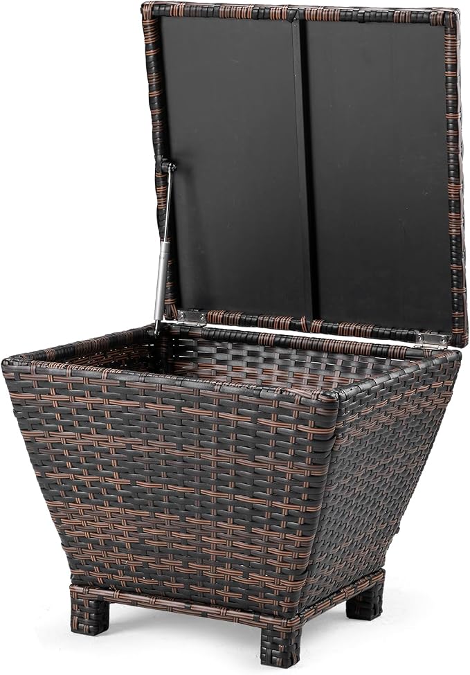 Outdoor PE Wicker Side Table with Storage, 13 Gallon Patio Storage Bin Container for Hose Cushion Towel, Gradient Rattan End Table for Backyard Garden Deck, 112 lbs Capacity, Brown
