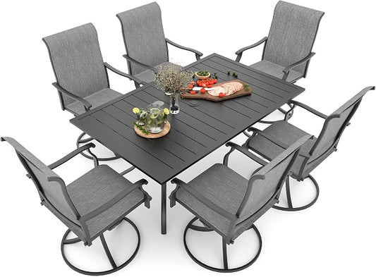 7 Piece Outdoor Dining Set, Grey Swivel Chairs and 63" Rectangle Table Sty1 | 6 Piece Swivel Chairs: High Back, Retro Armrest, Textilene Fabric, Rocking; 63"x38"x28" Metal Rectangle Table, All Weather