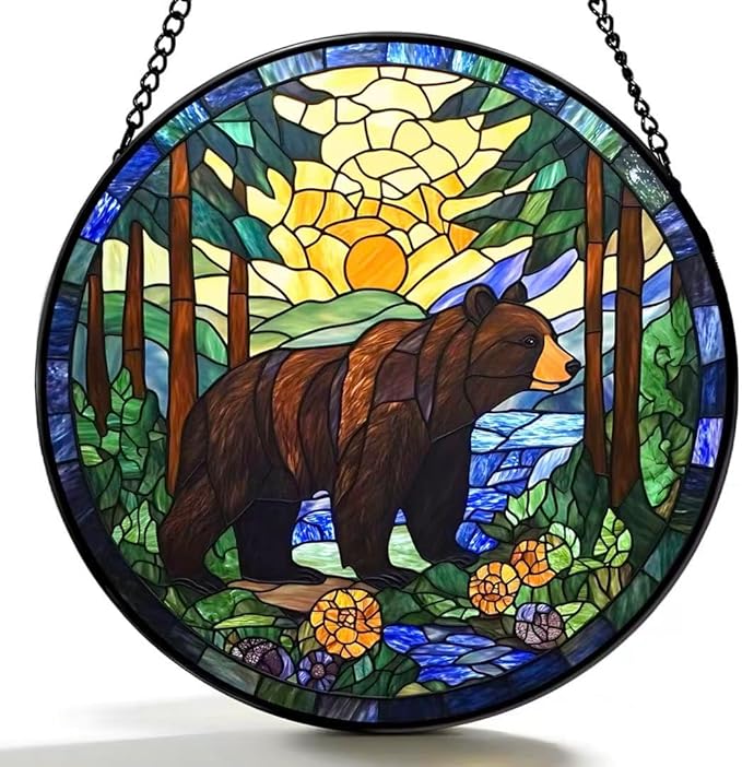 Stained Glass Window Hanging - A Black Bear is Walking in The Forest 6.3 Inches Suncatcher for Garden Home Decor for Women Mom Grandma Friends