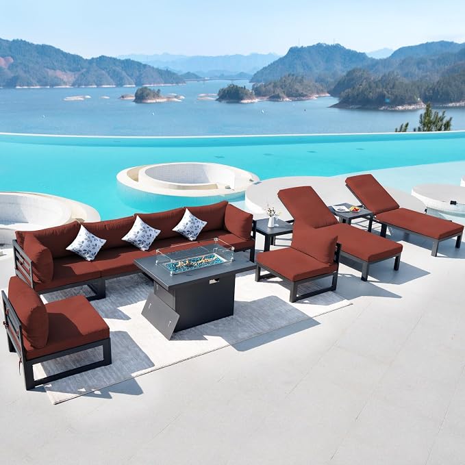 RADIATA 8 Person Modern Aluminum Outdoor Patio Furniture Set with Chaise & Firepit Table, 29 inch Wide Deep Seat, All Weather Modular Sectional Couch, Oversized Conversation Set for Garden Deck, Red