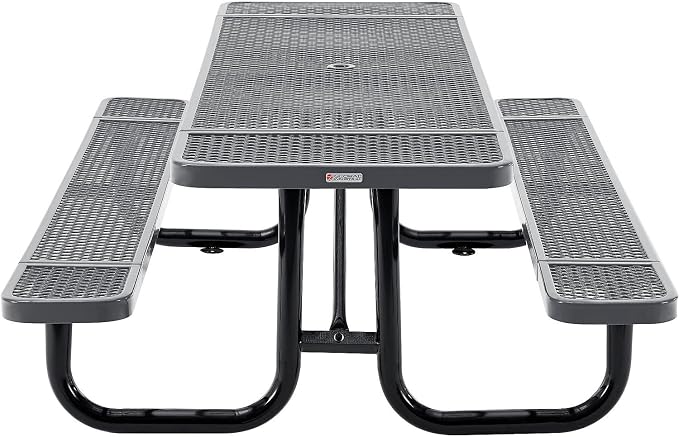 Global Industrial 8’L Rectangular Picnic Table, Expanded Metal, Gray Thermoplastic Coating, Attached Benches, 1-1/2” Umbrella Pole Hole, Outdoor-Rated, 1000 lb Capacity, 96” x 30” Tabletop