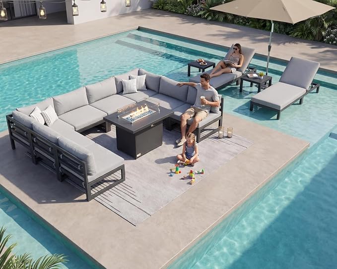 NICESOUL 13 Pcs Large Modern Aluminum Outdoor Sofa with Lounger & Fire Pit Table, 29" Deep Seat, 500 lbs Durable Sectional Set for Heavy People, All Weather Patio Furniture Set for Garden,Light Gray
