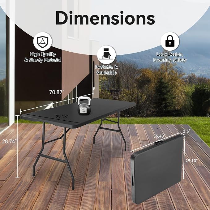 40 Pack of 6 Foot Foldable Table with Built in Handle & Steel Legs ,Heavy Duty Portable ,Perfect for Party, Dining, Wedding, Events, Picnic Indoor, Outdoor, Camping, Utility, Folding(Black-40pac)