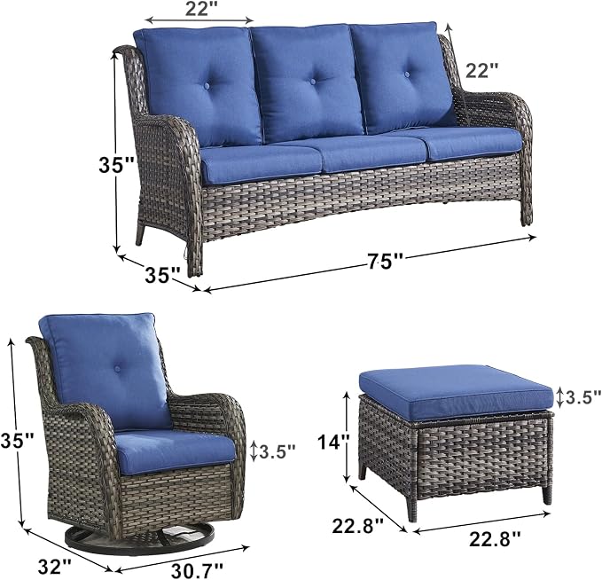 Outdoor Wicker Patio Furniture Set - 5 Piece Rattan Patio Conversation Set with 2 Rocking Swivel Chairs,2 Ottomans and 1 Sofa for Porch Deck Backyard Garden(Mixed Grey/Blue)