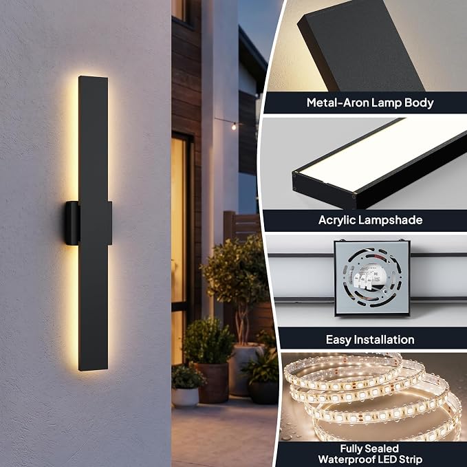 2 Pack LED Outdoor Wall Sconce Dimmable, 3000K 4500K 6000K, 31.5" Modern Black Linear Exterior Lighting Fixtures, IP65 Waterproof Outside Lights for Entrance, Hallway, Garage, Porch