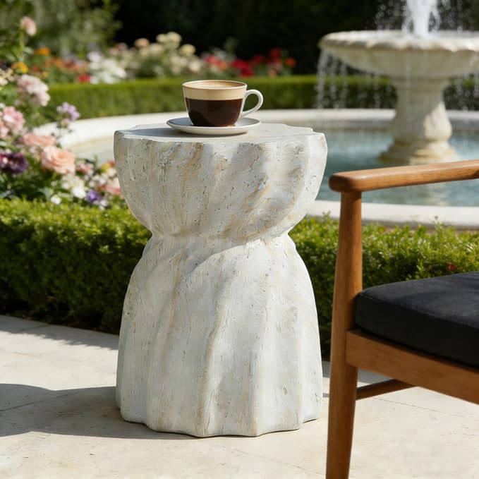 Cement Outdoor SideTables for Patio, Garden Accent Table Faux Terrazzo End Table, Modern Small Round Side Tablefor Outside, Tree Stump Garden Stool DrumTable Indoor and Outdoor 13.78"*18.90" Beiga
