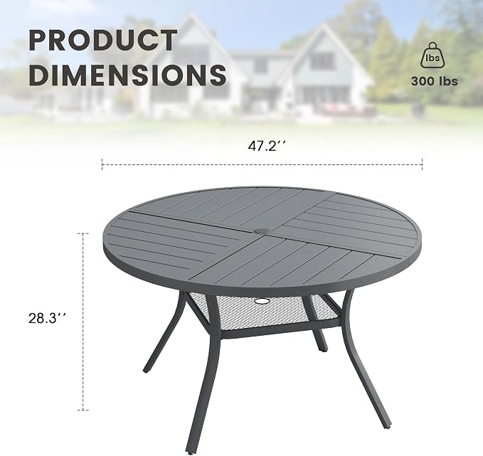 47.2" Outdoor Dining Table with Adjustable Umbrella Hole, Metal Slatted Round Patio Dining Table for Backyard Garden Deck, Dark Grey