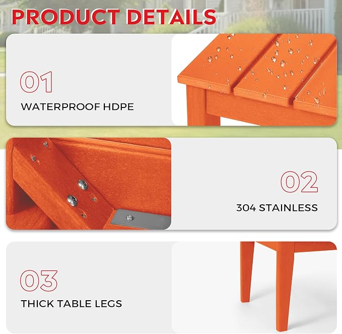 Costaelm Adirondack Outdoor Coffee Table, HDPE Drink Table Weather Resistant, Patio Porch Accent Balcony Table Outdoor End Table for Pool, Seaside, Backyard, Orange