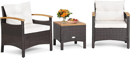 HAPPYGRILL 3-Piece Patio Furniture Set Outdoor PE Rattan Bistro Set with Coffee Table, Soft Seat Cushions & Throw Pillows, Acacia Wood Conversation Set for Patio Courtyard Poolside