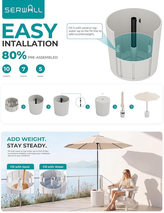 SERWALL Round Outdoor Umbrella Side Table Set of 2 - Outdoor Patio Table with Umbrella Hole for Porch/Patio/Poolside, Beige