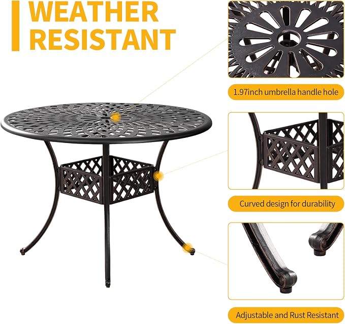 5 Pieces Outdoor Patio Dining Set, Cast Aluminium Patio Furniture Set with 4 Chairs Round Table, Anti Rust Outdoor Dining Set with 1.97" Umbrella Hole for Garden, Porch and Poolside, Bronze