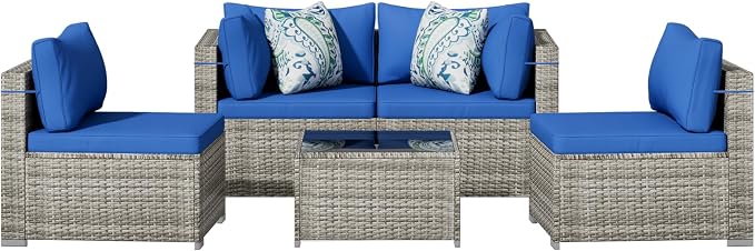 Tradare 5 Piece Patio Furniture Set, Outdoor Wicker Patio Sofa Set, PE Rattan Sectional Couch with Glass Table and Blue Cushions, All-Weather 5 Piece Outdoor Patio Furniture Sets, Grey