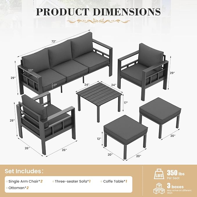 UDPATIO Aluminum Patio Furniture Set with 2 Ottomans, 6 Pieces All-Weather & UV-Resistant Outdoor Furniture for Deck, Backyard, Poolside, Dark Gray