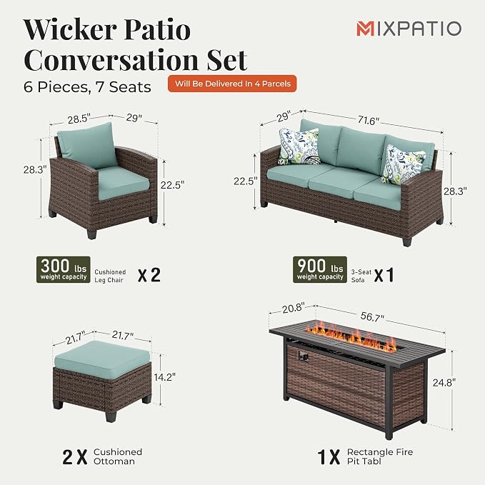 MIXPATIO Patio Furniture Set, 6 Pcs Wicker Rattan Outdoor Conversation Set, 2 x Leg Chairs, 1 x 3 Seater Sofa and 2 x Ottoman with 4" Thick Cushion and 56" Fire Pit Table, Blue
