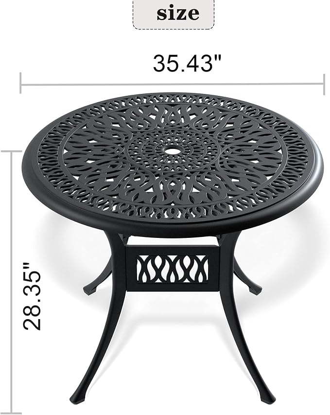 35.43" Round Cast Aluminum Patio Dining Table with Umbrella Hole, Weather-Resistant Black Frame, 160lbs Capacity, Easy Assembly for Outdoor Gatherings