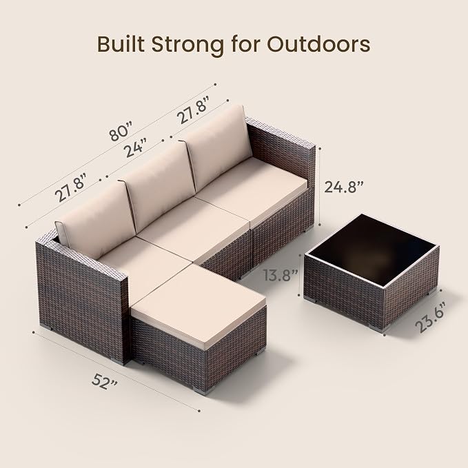 Patio Furniture Set - All-Weather -5 Piece Outdoor Patio Conversation Couch Sets, Modular Wicker Rattan Sectional Sofa for Garden, Patio, Poolside, Backyard, Balcony, Porch,Khaki