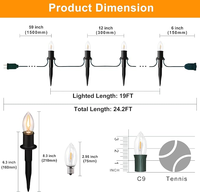 TIORIY Christmas Pathway LED Lights Outdoor, 20 Lights C9 Walkway Lights with Stakes, 24.2ft Clear Driveway Christmas Lights for Pathway, Warm White, Extendable for Outdoor Decorations