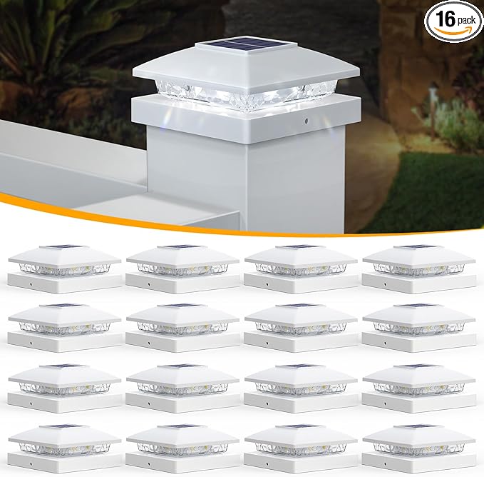 APONUO Solar Post Cap Lights for 4x4 5x5 Posts - IP64 Waterproof, 6500K LED, No-Wire Fence Lights & Deck Lights for Patio Garden Yard Patio, White-Cool White, 16 Pack