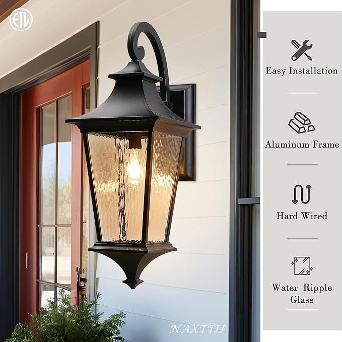 Black Outdoor Wall Light 29.3 Inch Large Aluminum Exterior Lighting Fixtures with Water Ripple Glass Waterproof Porch Lights Outdoor for Patio Doorway E26 Socket